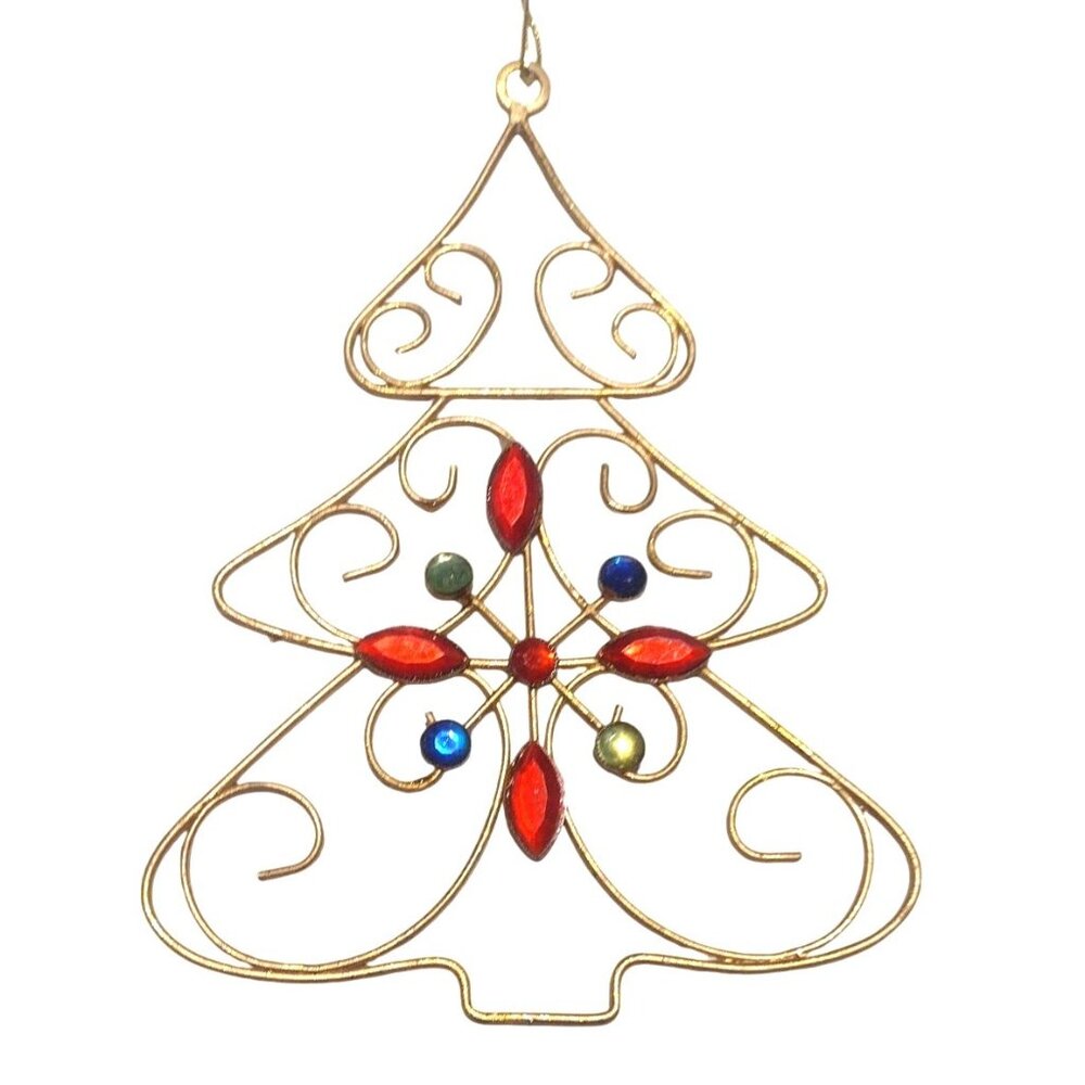 Gold Brass Christmas Tree Ornament With Colorful Gem Rhinestones Swirls 5"
